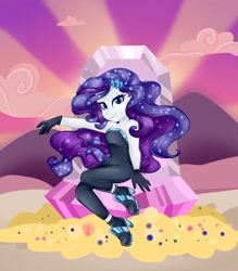 Size: 1024x1171 | Tagged: safe, artist:sapphirescarletta, rarity, equestria girls, the other side, bare shoulders, beach, clothes, crepuscular rays, cute, female, gloves, looking at you, raribetes, sitting, solo, throne, unitard