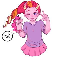 Size: 1402x1286 | Tagged: safe, artist:yuuriseros, pinkie pie, oc, oc only, oc:honeycrisp blossom, equestria girls, cute, offspring, one eye closed, parent:big macintosh, parent:princess cadance, parents:cadmac, peace sign, ponytail, simple background, sock puppet, solo, white background