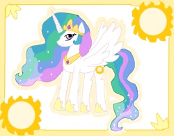 Size: 1392x1092 | Tagged: safe, artist:ninpeachlover, princess celestia, alicorn, pony, clothes, crown, jewelry, moving hair, necklace, princess of the sun, regalia, shoes, sun, wavy hair, wavy tail