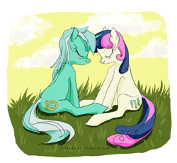 Size: 825x759 | Tagged: safe, artist:novuerau, bon bon, lyra heartstrings, sweetie drops, earth pony, pony, unicorn, eyes closed, female, grass, lesbian, lyrabon, mare, shipping, sitting