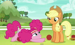 Size: 588x353 | Tagged: safe, screencap, applejack, pinkie pie, earth pony, pony, buckball season, ball, clothes, cropped, cute, discovery family logo, duo, pinktails pie