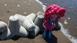 Size: 2064x1161 | Tagged: safe, artist:nightfly19, pinkie pie, equestria girls, beach, caltrop, doll, equestria girls minis, eqventures of the minis, irl, photo, tetrapod, toy, wall