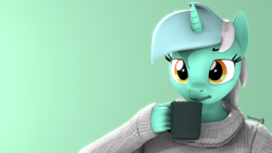 Size: 1920x1080 | Tagged: safe, artist:spinostud, lyra heartstrings, anthro, unicorn, 3d, clothes, mug, solo, sweater