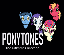 Size: 967x840 | Tagged: safe, artist:didgereethebrony, big macintosh, rarity, toe-tapper, torch song, earth pony, pony, unicorn, abba, album, album cover, black background, parody, ponytones, simple background