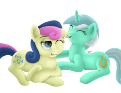 Size: 1300x1000 | Tagged: safe, artist:oggynka, bon bon, lyra heartstrings, sweetie drops, earth pony, pony, unicorn, biting, ear bite, female, lesbian, lyrabon, mare, shipping