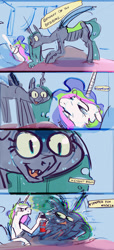 Size: 1218x2673 | Tagged: safe, artist:alumx, princess celestia, queen chrysalis, alicorn, changeling, changeling queen, pony, abuse, angry, bed, bed bug, bedroom, bug spray, bugs doing bug things, changeling noises, chrysabuse, close-up, comic, descriptive noise, drool, duo, fangs, female, hand, hoof fingers, horn, looming, noise, ponies with hands, sleeping, smiling, speech bubble, suddenly hands, sweat, sweating profusely, waking up, wall of tags