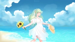 Size: 2560x1440 | Tagged: safe, artist:melloncollie-chan, lyra heartstrings, human, beach, flower, hat, humanized, summer dress, sunflower