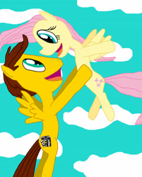 Size: 2070x2574 | Tagged: safe, artist:sb1991, fluttershy, oc, oc:film reel, pegasus, pony, canon x oc, cloud, flying, happy, pairings, sky