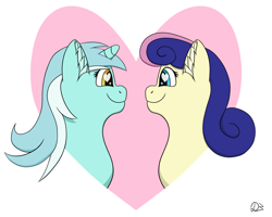 Size: 2000x1600 | Tagged: safe, artist:davinciwolf, bon bon, lyra heartstrings, sweetie drops, earth pony, pony, unicorn, female, heart eyes, lesbian, looking at each other, lyrabon, mare, shipping, smiling, wingding eyes