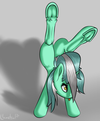 Size: 1388x1688 | Tagged: safe, artist:llametsul, lyra heartstrings, pony, unicorn, :p, atg 2020, butt, female, frog (hoof), handstand, looking up, mare, newbie artist training grounds, plot, shadow, tail, tongue out, underhoof, upside down