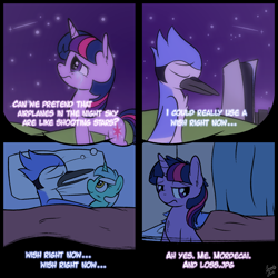 Size: 2000x2000 | Tagged: safe, artist:squeaky-belle, lyra heartstrings, twilight sparkle, bird, pony, unicorn, aeroplanes and meteor showers, ah yes me my girlfriend and her x, airplanes (song), bed, comic, crossing the memes, crossover, crossover shipping, crying, dream, female, high res, loss (meme), lyra plushie, male, meme, mordecai, mordetwi, playstation 5, plushie, redraw mordetwi meme, regular show, sad, shipping, straight, unamused