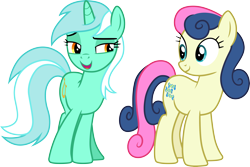 Size: 4478x3000 | Tagged: safe, artist:cloudyglow, artist:parclytaxel, bon bon, lyra heartstrings, sweetie drops, earth pony, pony, unicorn, slice of life (episode), .ai available, absurd resolution, adorabon, cute, female, looking at each other, lyrabetes, mare, simple background, smiling, transparent background, vector