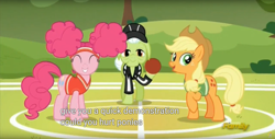 Size: 1920x975 | Tagged: safe, screencap, applejack, granny smith, pinkie pie, earth pony, pony, buckball season, meme, youtube caption