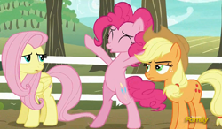 Size: 1206x702 | Tagged: safe, screencap, applejack, fluttershy, pinkie pie, earth pony, pegasus, pony, buckball season, applejack is not amused, cropped, discovery family logo, fluttershy is not amused