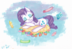 Size: 1610x1093 | Tagged: safe, artist:0okami-0ni, rarity, pony, unicorn, gem, sleeping, solo, traditional art