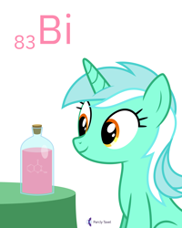 Size: 6400x8000 | Tagged: safe, artist:parclytaxel, lyra heartstrings, pony, unicorn, series:joycall6's periodic table, .svg available, absurd resolution, bismuth, bottle, chemistry, female, mare, pepto-bismol, periodic table, simple background, sitting, sitting lyra, smiling, solo, table, vector, white background