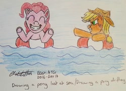 Size: 960x694 | Tagged: safe, artist:rapidsnap, applejack, pinkie pie, earth pony, pony, annoyed, grin, life preserver, life savers, ocean, smiling, stranded, traditional art, water