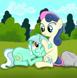 Size: 2977x2996 | Tagged: safe, artist:background basset, derpibooru exclusive, bon bon, lyra heartstrings, sweetie drops, earth pony, pony, unicorn, female, grass, hug, lesbian, lyrabon, mare, shipping, smiling