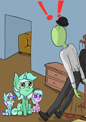 Size: 1000x1414 | Tagged: safe, artist:happy harvey, lyra heartstrings, oc, oc:anon, earth pony, human, pony, unicorn, briefcase, clothes, coat, coat rack, collar, colored pupils, drawer, drawn on phone, dropping, female, filly, foal, hallway, hat, hatless, looking up, meme, missing accessory, pet, pony pet, shocked, sitting, sitting lyra, sofa, surprised, walking