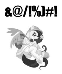 Size: 958x1134 | Tagged: safe, artist:chaosrruruus, fluttershy, pegasus, pony, :o, backpack, barrette, clothes, digital art, dress, exclamation point, female, grayscale, hairpin, hat, looking at you, lying, mare, monochrome, on side, open mouth, pacifier, randoseru, school uniform, simple background, solo, spread wings, text, underhoof, white background, wings