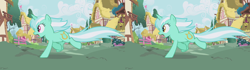 Size: 2560x720 | Tagged: safe, edit, edited screencap, screencap, lyra heartstrings, pony, unicorn, applebuck season, comparison, female, mare, ponyville, running, scared, solo