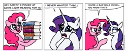 Size: 961x389 | Tagged: safe, artist:gingerfoxy, pinkie pie, rarity, earth pony, pony, unicorn, pony comic generator, book, comic