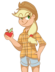 Size: 1964x2550 | Tagged: safe, artist:barkerjewel, applejack, human, apple, clothes, food, humanized, shirt, shorts, simple background, solo, transparent background