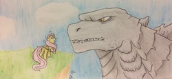 Size: 600x277 | Tagged: safe, artist:fallenangel5414, fluttershy, kaiju, pegasus, pony, crossover, godzilla, godzilla (monsterverse), godzilla (series), godzilla 2014, hill, legendarygoji, monsterverse, scared, scenery, size difference