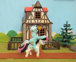 Size: 1024x845 | Tagged: safe, alternate version, artist:malte279, bon bon, lyra heartstrings, sweetie drops, pony, craft, felt, felting, house, needle felted, playmobil, plushie, ponies riding ponies, riding