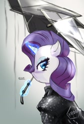 Size: 1377x2039 | Tagged: safe, artist:oberon826, rarity, pony, unicorn, blue eyes, blue eyeshadow, clothes, coat, death stranding, female, looking at you, magic, mare, rain, solo, telekinesis, umbrella