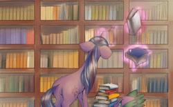 Size: 3236x2000 | Tagged: safe, artist:unousaya, derpibooru import, spike, twilight sparkle, dragon, book, levitation, magic