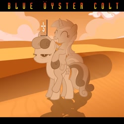 Size: 1280x1280 | Tagged: safe, artist:grapefruitface1, bon bon, lyra heartstrings, sweetie drops, pony, album cover, blue oyster cult, desert, mirror, parody, ponies riding ponies, ponified, ponified album cover, riding