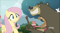 Size: 1324x740 | Tagged: safe, screencap, fluttershy, harry, bear, mouse, pegasus, pony, squirrel, it isn't the mane thing about you, discovery family logo, stick