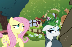 Size: 1218x800 | Tagged: safe, artist:dm29, edit, edited screencap, screencap, fluttershy, harry, photo finish, rarity, earth pony, pegasus, pony, squirrel, unicorn, it isn't the mane thing about you, bush, bushanka, camera, female, green hair, mare