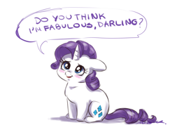 Size: 2400x1800 | Tagged: safe, artist:buttersprinkle, rarity, pony, unicorn, blushing, bronybait, cute, darling, dialogue, fabulous, female, floppy ears, mare, open mouth, question, raribetes, simple background, sitting, smiling, solo, speech bubble, text, tiny, tiny ponies, white background