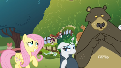 Size: 1366x768 | Tagged: safe, screencap, fluttershy, harry, rarity, bear, bird, mouse, pegasus, pony, squirrel, unicorn, it isn't the mane thing about you, discovery family logo, female, mare, wig, woodpecker