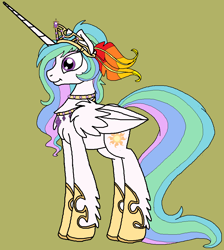 Size: 1016x1136 | Tagged: safe, artist:rosefang16, princess celestia, alicorn, pony, alternate hairstyle, chest fluff, choker, ear fluff, feather, female, green background, hoof shoes, jewelry, mare, necklace, regalia, simple background, solo, tiara, wing fluff