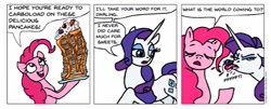 Size: 961x389 | Tagged: safe, artist:gingerfoxy, pinkie pie, rarity, pony, unicorn, pony comic generator, blueberry, cherry, comic, food, maple syrup, onomatopoeia, pancakes, raspberry, raspberry (food), raspberry noise, strawberry, tongue out, whipped cream