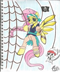 Size: 1952x2344 | Tagged: safe, artist:brekrofmadness, angel bunny, fluttershy, pegasus, pony, alternate hairstyle, bandana, braid, eyepatch, headband, looking at you, pirate fluttershy, pirate outfit, skull and crossbones, smug, spread wings, swinging, traditional art, wings