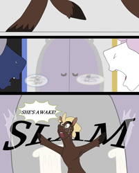 Size: 1768x2196 | Tagged: safe, artist:moonaknight13, princess celestia, princess luna, oc, alicorn, pony, comic:the magic within, armpits, comic, inaudibale talking, royal guard, running, shout, slam, text