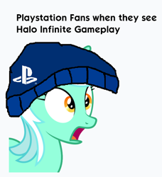 Size: 636x696 | Tagged: safe, artist:genericdave, edit, lyra heartstrings, pony, unicorn, 1000 hours in ms paint, console, console ponies, console wars, female, halo infinite, hat, mare, meme, obligatory pony, playstation, simple background, solo, suprised look, white background