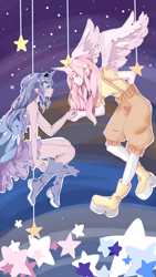 Size: 1440x2560 | Tagged: safe, artist:魔法绚烂美少年, princess celestia, princess luna, human, alicorn humanization, boots, clothes, crown, dress, female, horned humanization, humanized, jewelry, pink-mane celestia, regalia, royal sisters, shirt, shoes, suspenders, winged humanization, wings