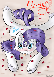 Size: 1240x1754 | Tagged: safe, artist:llametsul, rarity, pony, unicorn, bed, bedroom eyes, ear fluff, heart, heart eyes, leg fluff, looking at you, lying on bed, on bed, prone, rose petals, solo, tongue out, unshorn fetlocks, wingding eyes