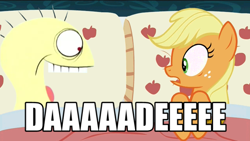 Size: 800x450 | Tagged: safe, edit, edited screencap, screencap, applejack, earth pony, pony, 28 pranks later, applejack's bed partner, bed, caption, cheese, exploitable meme, foster's home for imaginary friends, greatest internet moments, mac daddy, meme, pillow, surprised