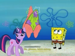 Size: 460x345 | Tagged: safe, derpibooru import, twilight sparkle, pony, unicorn, ass, butt, cellulite, female, magic abuse, male, mare, no weenies allowed, patrick star, spongebob squarepants, telekinetic wedgie, underwater, wedgie