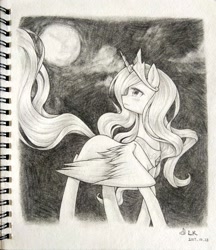 Size: 2440x2824 | Tagged: safe, artist:云观雾里, princess celestia, alicorn, pony, crown, female, jewelry, mare, missing cutie mark, monochrome, moon, regalia, solo, traditional art