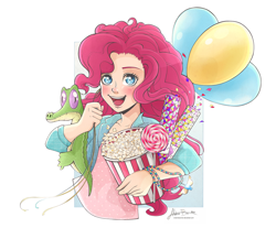 Size: 1024x849 | Tagged: dead source, safe, artist:viviennecorner, gummy, pinkie pie, alligator, human, clothes, confetti, duo, food, humanized, open mouth, pet, popcorn, signature