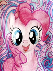 Size: 750x995 | Tagged: safe, artist:project-parallel, pinkie pie, earth pony, pony, abstract background, female, looking at you, mare, smiling, solo, traditional art