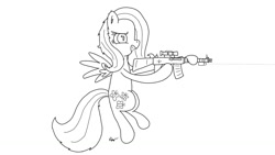 Size: 1366x768 | Tagged: safe, artist:pizzamovies, fluttershy, pegasus, pony, female, flying, gun, laser sight, mare, rifle, simple background, smiling, weapon