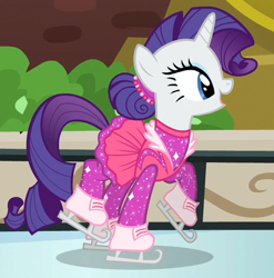 Size: 686x693 | Tagged: safe, screencap, rarity, pony, unicorn, the gift of the maud pie, cropped, cute, female, hair bun, ice skates, ice skating, mare, open mouth, profile, raribetes, solo